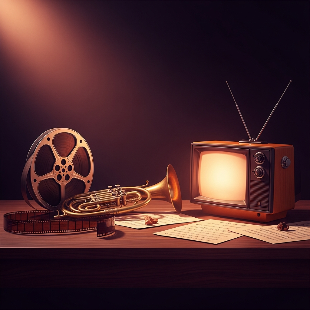 Vintage film reels, cathode-ray TV set, and brass instruments — the ToneVault archive of classic theme music